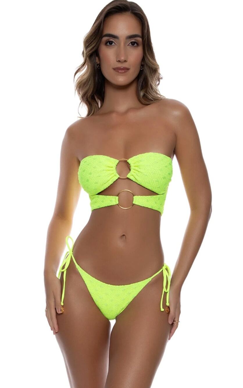 Luli Fama Brilla Double Loop Bandeau Crop Seamless Ruched Bottom Bikini New Med